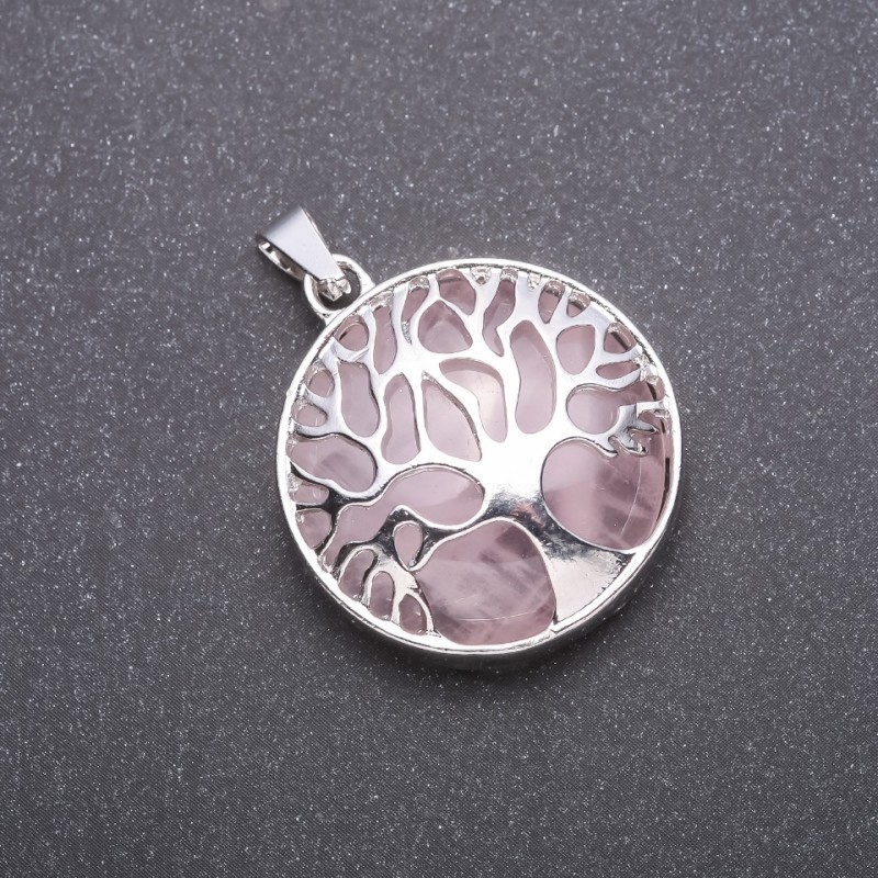 Pendant "Tree" with natural stone Pink Quartz, 27mm diameter