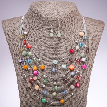 Earrings and Necklace Set "On the Strings of the Soul", Multicolor Mother-of-Pearl Beads, Diameter 7mm/5mm, Length 45-50cm