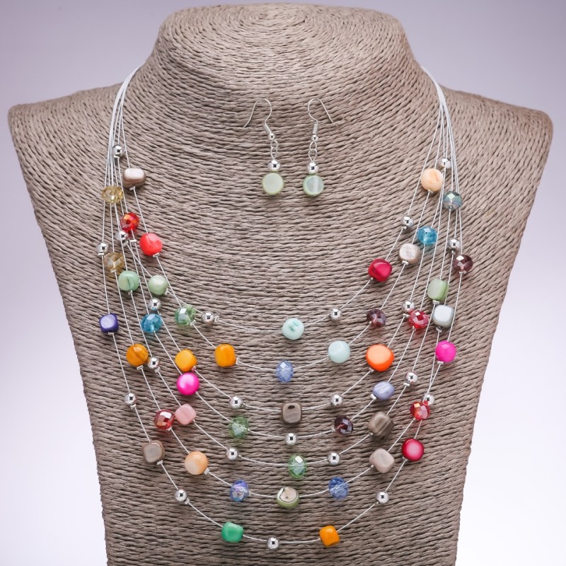 Earrings and Necklace Set "On the Strings of the Soul", Multicolor Mother-of-Pearl Beads, Diameter 7mm/5mm, Length 45-50cm