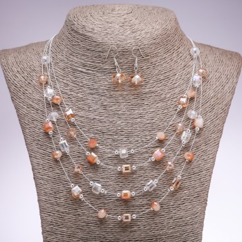 Earrings and Necklace Set "Strings of the Soul" champagne cube beads, diameter 5-8mm, length 45-50cm