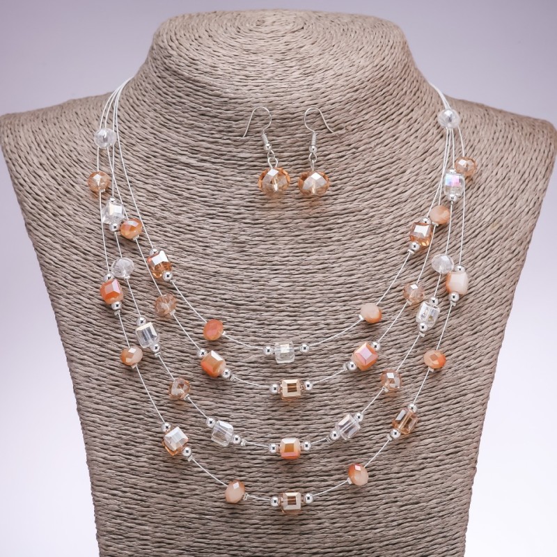 Earrings and Necklace Set "Strings of the Soul" champagne cube beads, diameter 5-8mm, length 45-50cm