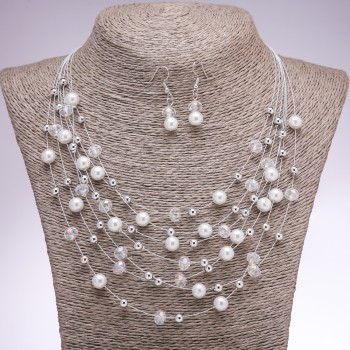 Earrings and Necklace Set "On the Strings of the Soul", White Beads, Diameter 5-8mm, Length 45-50cm