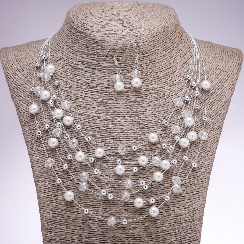 Earrings and Necklace Set "On the Strings of the Soul", White Beads, Diameter 5-8mm, Length 45-50cm