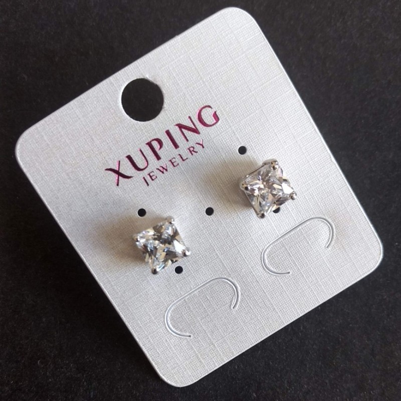 Xuping Stud Earrings with White Stones, Square Setting 8mm, Rhodium Plated