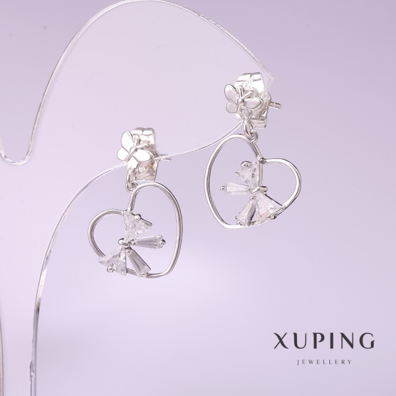 Xuping Hearts Earrings with White Stone, 20x15mm, Rhodium