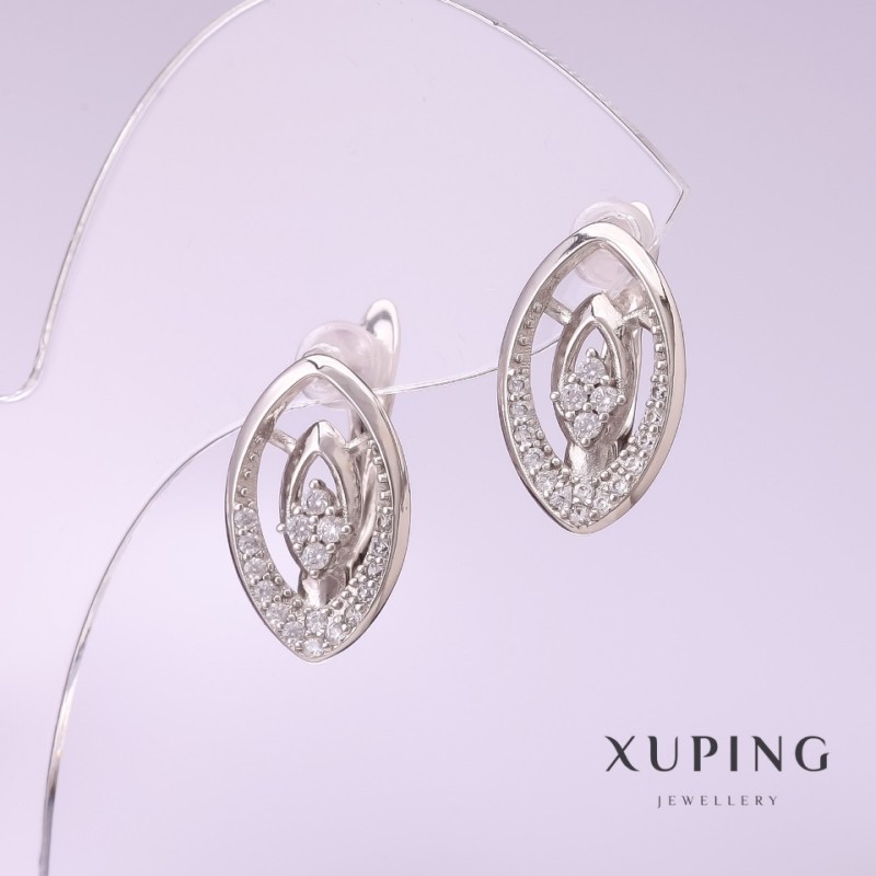 Xuping Earrings with White Rhinestones, 17x10mm, Rhodium