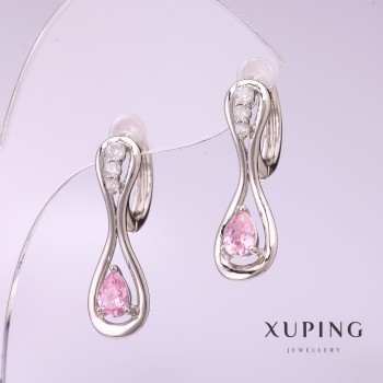 Xuping Earrings with Pink Stone, 25x8mm, Rhodium