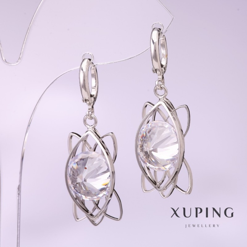 Xuping Earrings with White Stone, 40x12mm, Rhodium