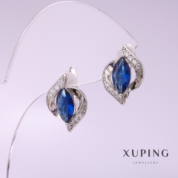 Xuping Earrings with Blue Stone, 11x16mm, Rhodium