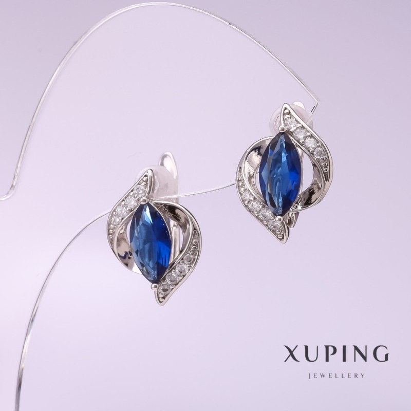 Xuping Earrings with Blue Stone, 11x16mm, Rhodium
