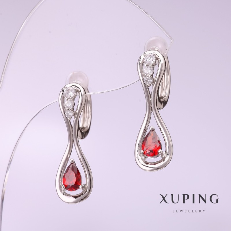 Xuping Earrings with Red Stone, 25x8mm, Rhodium