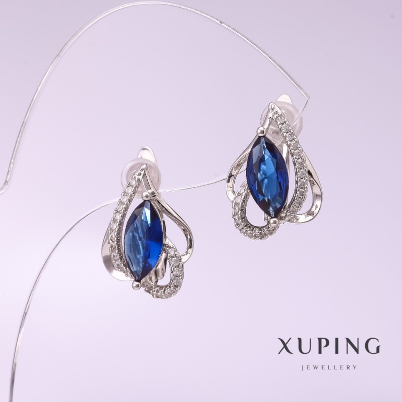 Xuping Earrings with Blue Stone 13x18mm, Rhodium