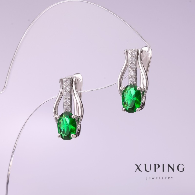 Xuping Earrings with Green Stone 16x8mm, Rhodium