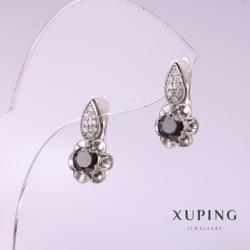 Xuping Earrings with Black Stone 16x9mm, Rhodium