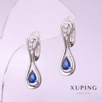 Xuping Earrings with Blue Stone 25x8mm, Rhodium