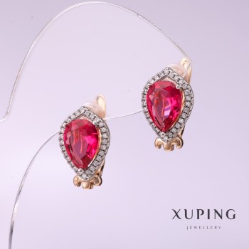 Xuping Earrings with Raspberry-Colored Stone 10x14mm, 18K Gold Plated