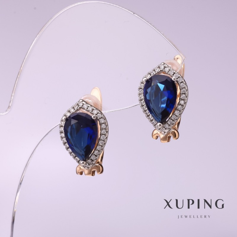 Xuping Earrings with Blue Stones 10x14mm, 18K Gold Plated