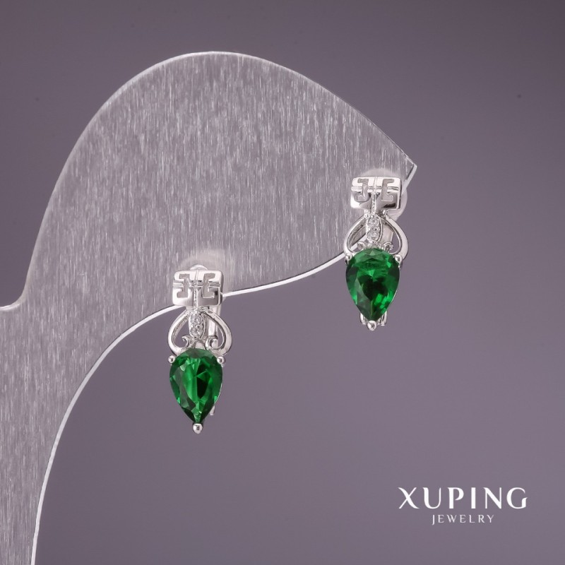 Xuping Earrings with Green Stones 15x6mm Rhodium