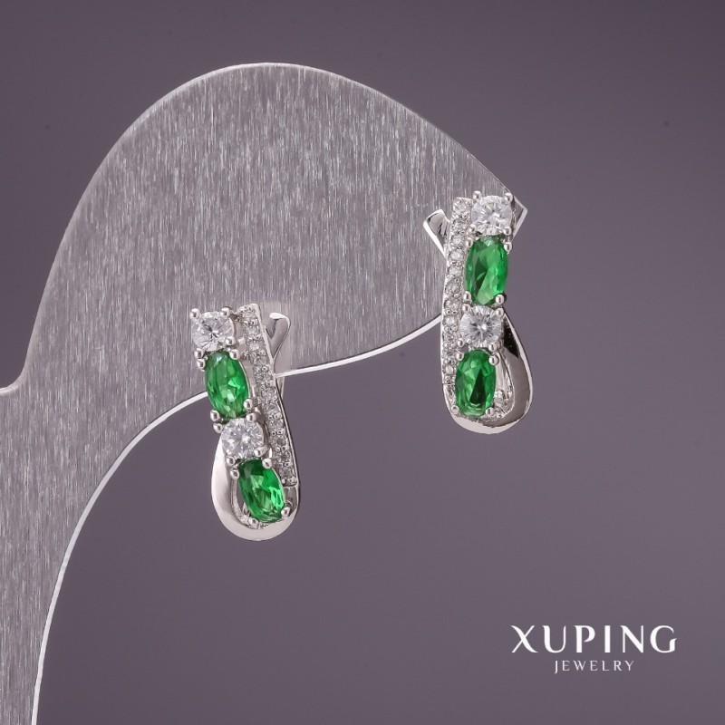 Xuping Earrings with Green Stones 16x7mm Rhodium