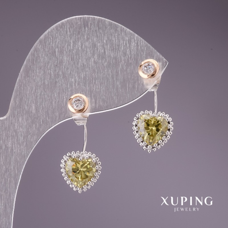Xuping Stud Earrings "Hearts" with White and Light Green Stones 10x20mm Rhodium, 18K Gold Plated