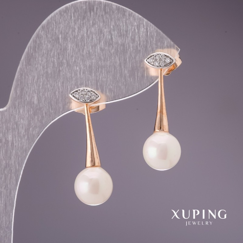 Xuping Earrings with "Majorca" Pearls, 26x8mm, 18K Gold Plating