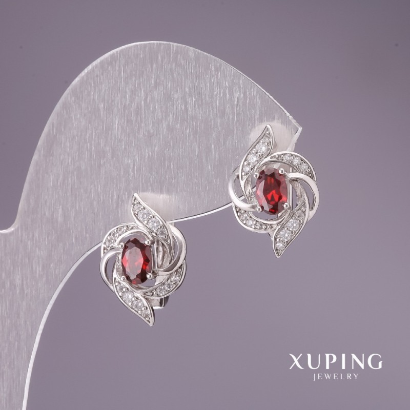 Xuping Earrings with Red Stones 17x12mm, Rhodium