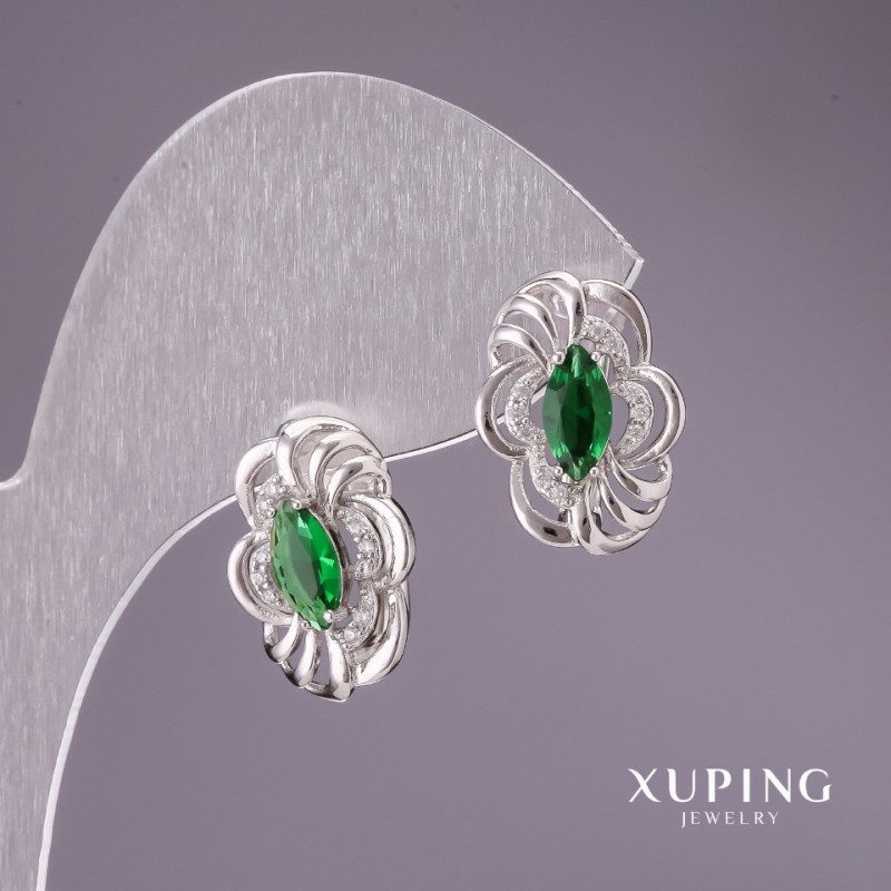 Xuping Earrings with Green Stones 17x12mm, Rhodium