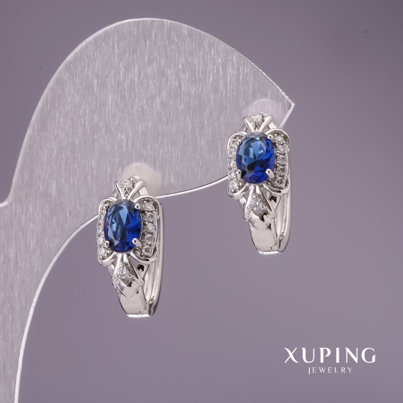 Xuping Earrings with Blue Stones 18x8mm, Rhodium
