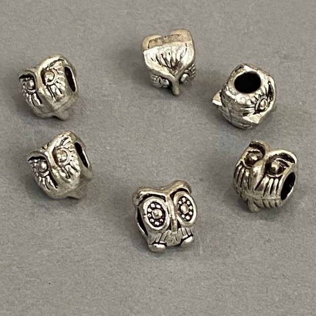 Charm Bead Pandora Light Gray Metal Owl d1-10mm, d2-5mm, Pack of 7