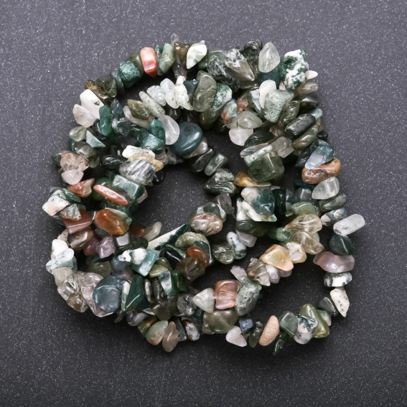 Natural Moss Agate Chip Beads on Thread, Diameter 8-9mm (+/-), Length 85cm
