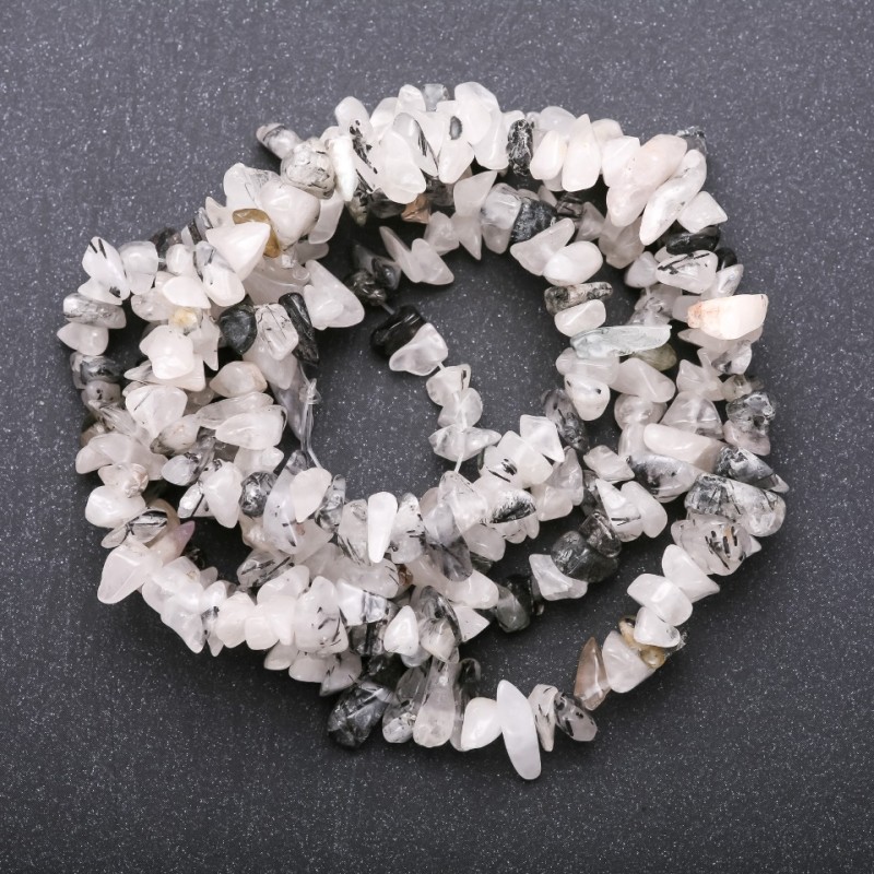 Natural Stone "Hair" Rutilated Quartz Beads, White Quartz Chips on Thread, Diameter 5-8mm (+/-), Length 85cm