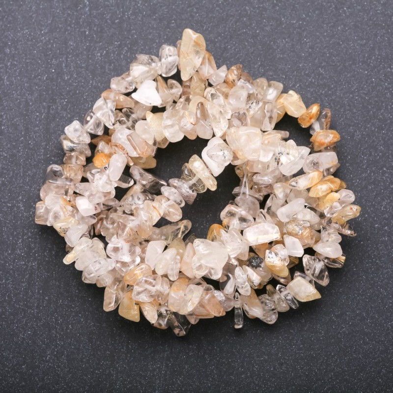Natural Stone Golden Rutilated Quartz Beads, Rock Crystal Chips on Thread, Diameter 6-9mm (+/-), Length 85cm