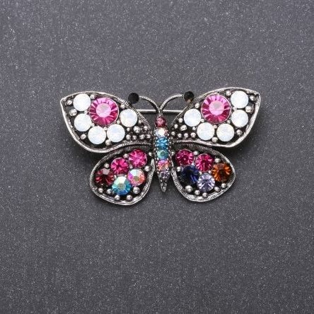 Sale! Sale! Butterfly Brooch with Multicolor Rhinestones 43x25mm Gray Metal