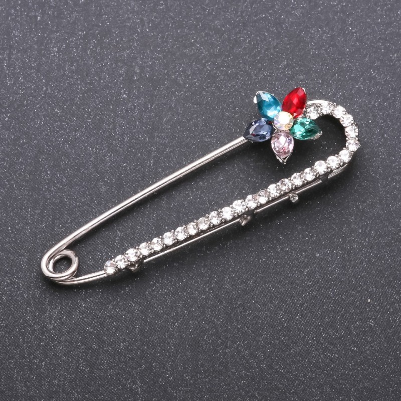 Stick Pin Brooch with Multicolor Glass Crystals 64x19mm White Metal
