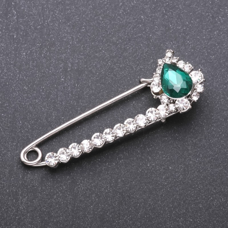 Stick Pin Brooch with Green Glass Crystals 64x22mm White Metal