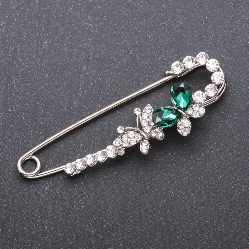 Stick Pin Brooch with Green Glass Crystals 76x23mm White Metal