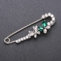 Stick Pin Brooch with Green Glass Crystals 76x23mm White Metal