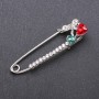 Stick Pin Brooch with Red and Green Glass Crystals 64x18mm White Metal