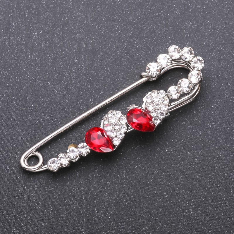 Stick Pin Brooch with Red Glass Crystals 67x18mm White Metal