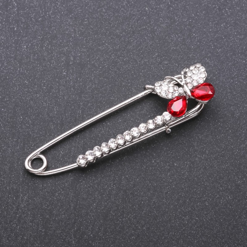 Stick Pin Brooch with Red Glass Crystals 66x15mm White Metal