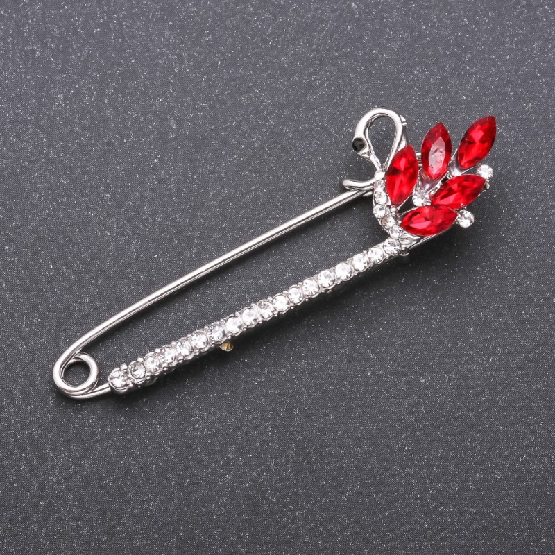 Stick Pin Brooch with Red Glass Crystals 73x22mm White Metal