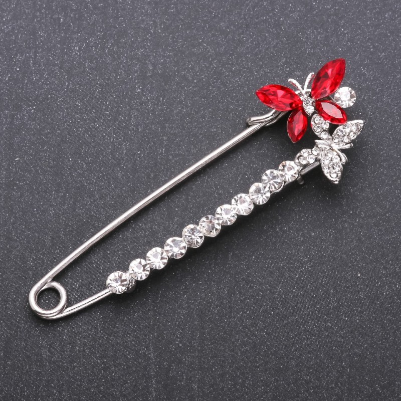 Red Glass Crystal Stick Pin Brooch 78x24mm White Metal