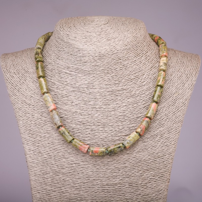 Natural Stone Heliotrope Unakite Necklace Cylinder, diameter 8x17mm, length 45cm