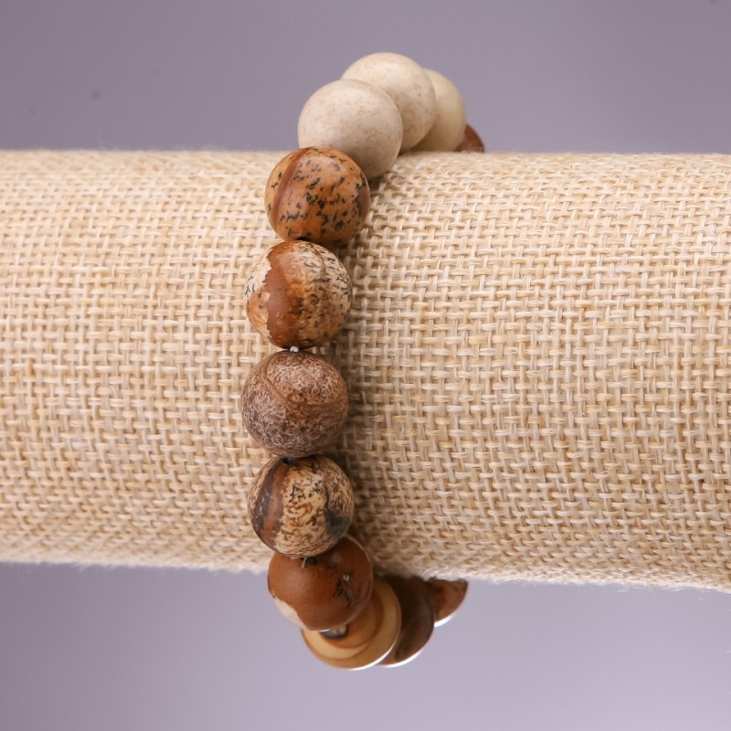Picture Jasper Bracelet, Smooth Round Beads, 12mm Diameter, 18cm Length, Elastic