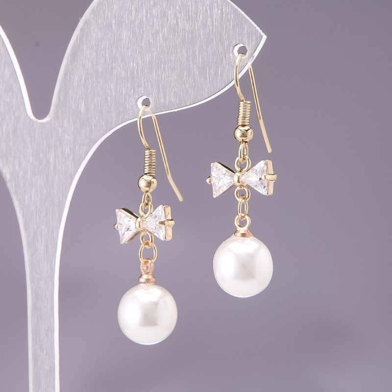 Bow Earrings with White Beads, 10mm Diameter, 3cm Length, Yellow Metal