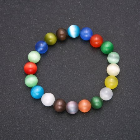 Natural Cat's Eye Stone Bracelet Multicolor Smooth Round Bead, 10mm Diameter, 18cm Length on Elastic