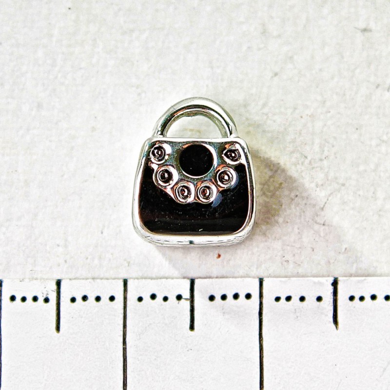Pandora Charm Bead Light Gray Metal Black Handbag 10mm, pack of 6 pcs