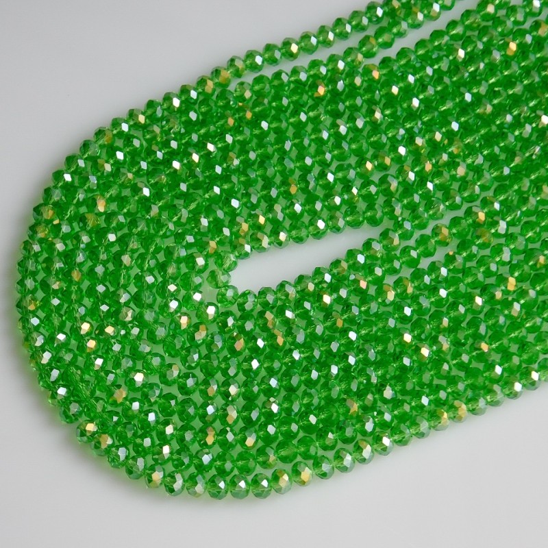 Czech Crystal Beads, transparent green with "petrol" coating, "rondelle" shape, 6x4mm diameter, 40cm strand