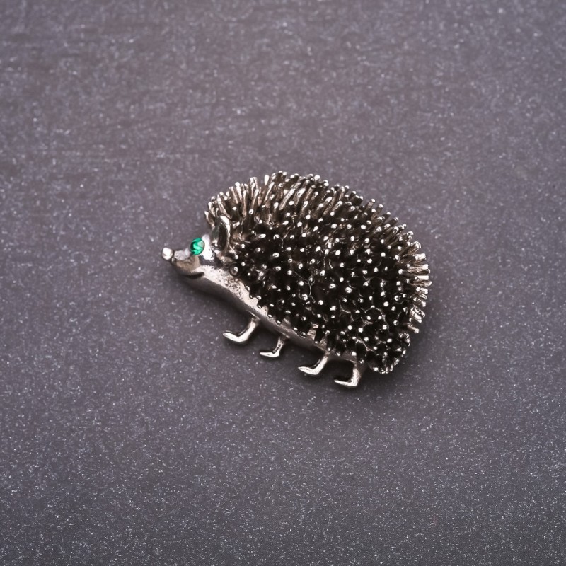 Brooch Hedgehog with green rhinestones 39x27mm gray metal