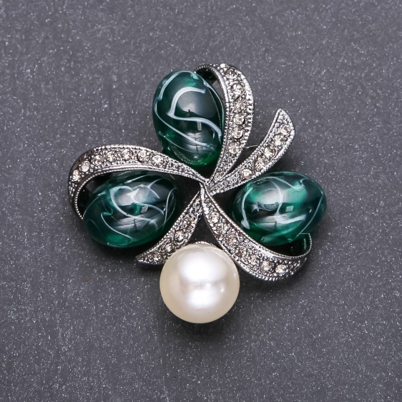 Trio Brooch with Emerald Cabochons 45x45mm Gray Metal